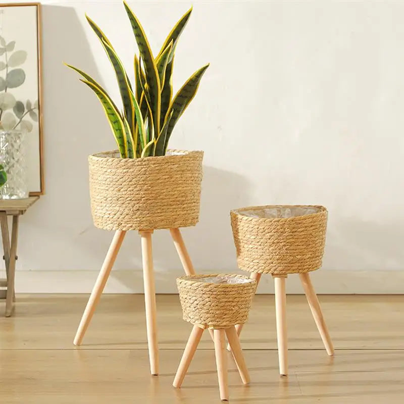 Wood Woven Plant Pot On Standing Legs Household Planter Pot Basket