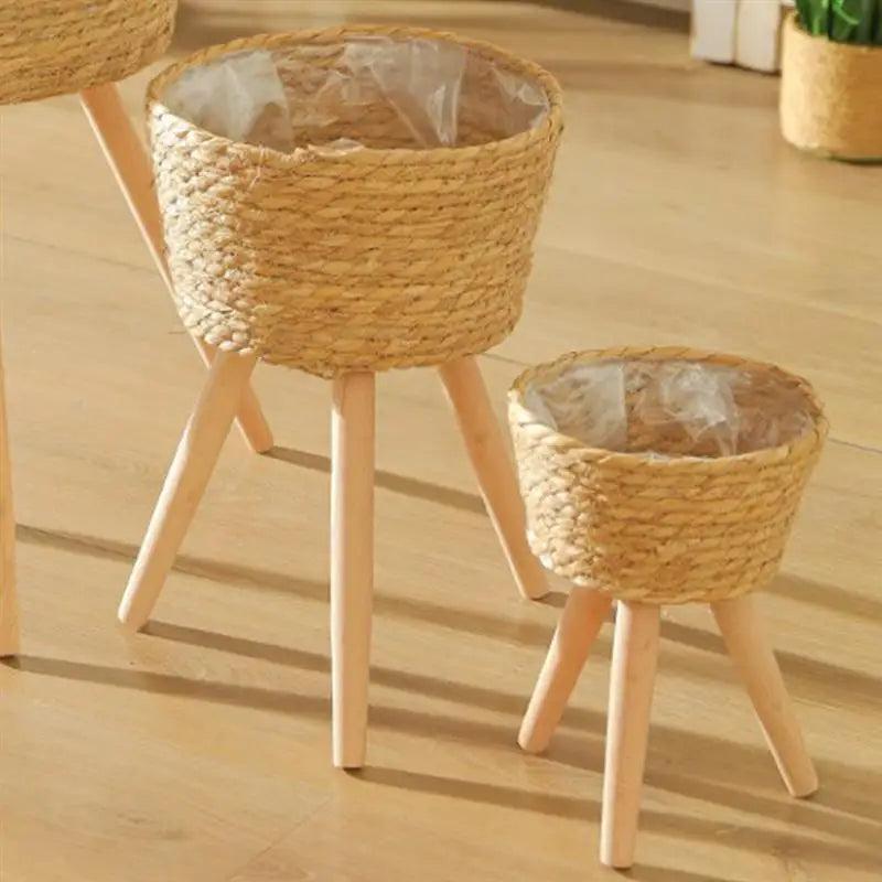 Wood Woven Plant Pot On Standing Legs Household Planter Pot Basket