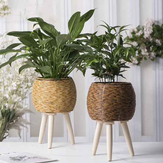 Rustic Rattan Planter With Wooden Legs Household Planter Pot Basket