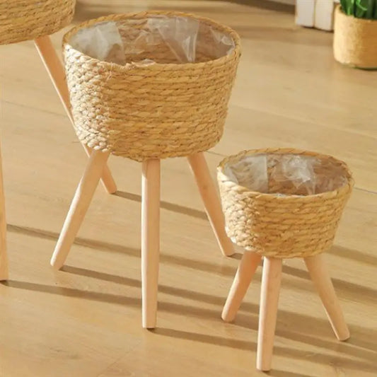 Wood Woven Plant Pot On Standing Legs Household Planter Pot Basket